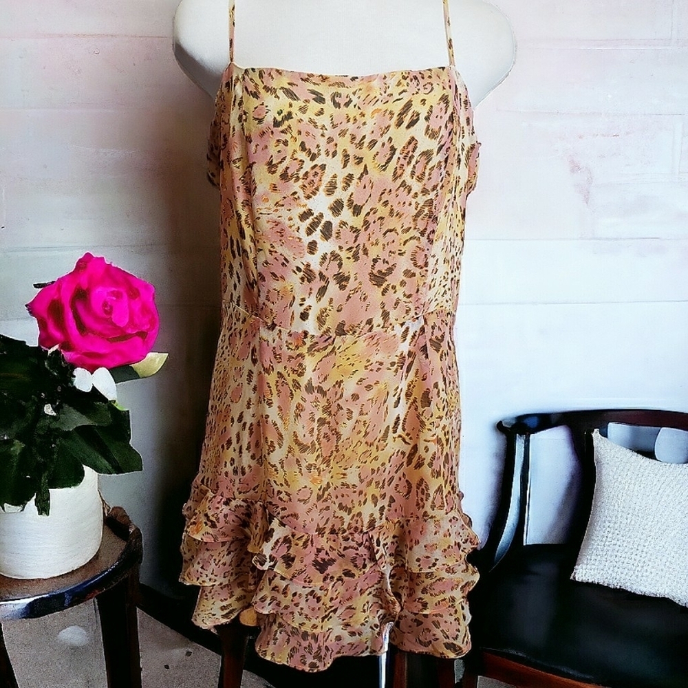 Bardot Pink Leopard Print Mini Dress Strappy Ruffled Y2K City Girl Size 10 Large